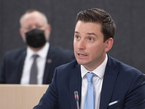 Quebec Minister Responsible for the French Language Simon Jolin-Barrette speaks at the beginning of a legislature committee studying a reform of the French language law, Tuesday, September 21, 2021 at the legislature in Quebec City.