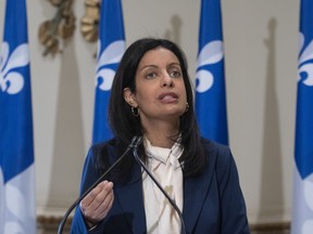 Quebec Liberal Leader Dominique Anglade responds to reporters questions at a news conference, Tuesday, March 9, 2021 at the legislature in Quebec City.