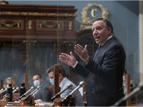 Quebec Premier Francois Legault responds to the Opposition during question period Tuesday, September 28, 2021 at the legislature in Quebec City.