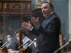 Quebec Premier François Legault responds to the opposition during question period Tuesday, September 28, 2021 at the legislature in Quebec City.