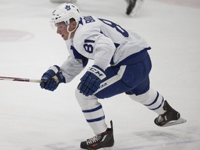 Adam Brooks breaks out of the zone at Toronto Maple Leafs workout at the Mastercard Centre in Toronto on Tuesday October 4, 2016.