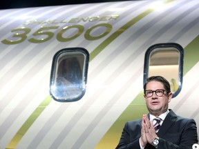 Bombardier Inc. President and Chief Executive Officer Eric Martel unveils a mockup of the company's new Challenger 3500 business jet at a virtual event in Montreal, Quebec, Sept. 14, 2021.