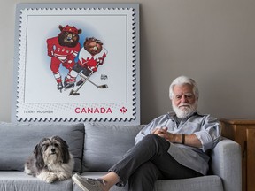 Terry Mosher's depiction of the 1972 Canada-Russia hockey Summit Series was selected for a stamp by Canada Post in 2021.