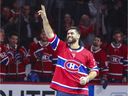 Super Bowl-winning Kansas City Chiefs offensive lineman Laurent Duvernay-Tardif waves to the crowd before a Canadiens game against the Arizona Coyotes in Montreal on February 10, 2020.