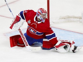 Montreal Canadiens' Carey Price makes a save during Stanley Cup final against the Tampa Bay Lightning in Montreal on July 2, 2021.
