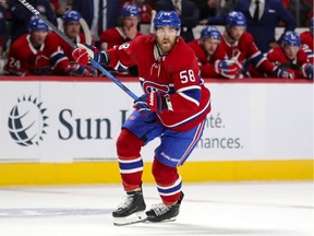 Montreal Canadiens defenceman David Savard follows the play during first period against the  San Jose Sharks in Montreal on Oct. 19, 2021.