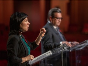 Projet Montréal Leader Valérie Plante and Ensemble Montréal Leader Denis Coderre at the Leonardo Da Vinci Centre in Montreal on Thursday October 28, 2021 during the English mayoral debate for the municipal election.