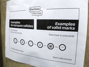 A poster shows accepted ballot markings at a polling station at Concordia University. Outgoing city councillor Marvin Rotrand describes the high double-digit rate of rejected ballots in several races as "never seen before."