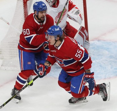 Montreal Canadiens' Alex Belzile and  Michael Pezzetta during first-period action in Montreal on Tuesday, Nov. 02, 2021.