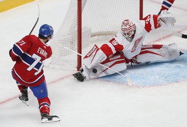 Detroit Red Wings goaltender Alex Nedeljkovic stops shot by Montreal Canadiens' Jake Evans during first-period action in Montreal on Tuesday, Nov. 02, 2021.