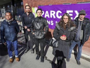 Members of the the Comité d’action de Parc-Extension, from left: Niel La Dode, Emanuel Guay, Celia Dehouche, Amy Darwish and André Trépanier on Wednesday, at a news conference to announce a multi-year project to map evictions in the neighbourhood.