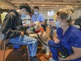 Wilson Thai plays with Petit Jones owned by Françoise Callemand-Mayer, right, of Zoothérapie de l'Ouest as Dr. Osamah Al Najjari prepares a vaccine dose at the COVID-19 vaccination clinic at the Gerry Robertson Centre on Gouin Blvd. in Pierrefonds. Zootherapy returned to this clinic and will run Tuesdays and Thursdays from 4:30 to 7:30 p.m. until mid-December.