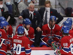 Canadiens coach Dominique Ducharme has some heated words for his players during a third-period time out during a 6-2 loss vs. the Islanders at the Bell Centre Thursday night.