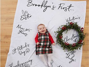 This monogrammed play blanket doubles as baby's social media background while helping to celebrate holiday time. Baby's First Holiday Milestone Blanket, $58, www.buybuybaby.ca