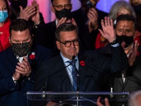 Ensemble Montréal Leader Denis Coderre addresses supporters at the Evo residence and conference centre in Montreal on Sunday November 7, 2021 after losing the municipal election.