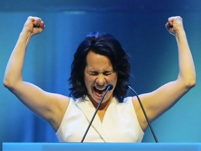 Valérie Plante celebrates before her supporters at the Olympia Theatre in Montreal Sunday November 7, 2021 after her victory in the municipal election.