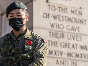 About 100 people attended a Remembrance Day ceremony at the Westmount Cenotaph in Vimy Park on Saturday, Nov. 6, 2021.