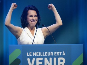 Valérie Plante takes the stage after being re-elected as Montreal's mayor Sunday night.