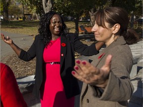 Gracia Kasoki Katahwa, left, the new mayor of Côte-des-Neiges—Notre-Dame-de-Grâce, with councillor Despina Sourias.