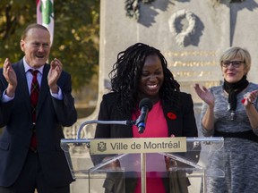 Gracia Kasoki Katahwa, the new borough mayor of C.D.N.–N.D.G., is applauded by Projet Montréal councillors Peter McQueen and Magda Popeanu. Given the demographics of the borough, it's fitting that the mayor is a woman of colour, Fariha Naqvi-Mohamed writes.