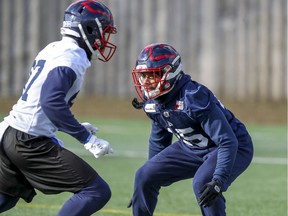 Alouettes defender Najee Murray, right, covers receiver Eugene Lewis during practice in Montreal on Nov. 8, 2019.