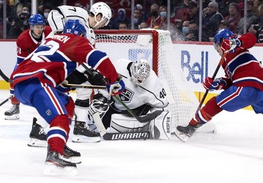 Montreal Canadiens right wing Brendan Gallagher (11) gets shut down as he tries to stuff the puck past Los Angeles Kings goaltender Cal Petersen at the Bell Centre on Tuesday, Nov. 9, 2021.
