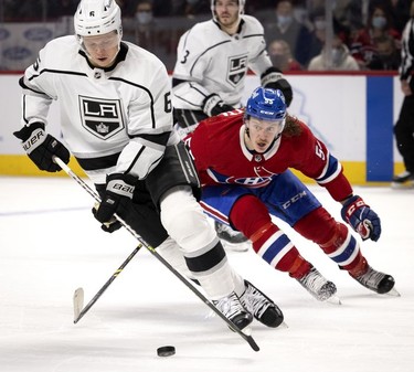 Montreal Canadiens left wing Michael Pezzetta (55) reacts as Los Angeles Kings defenseman Olli Maatta (6) strips him of the puck at the Bell Centre on Tuesday, Nov. 9, 2021.