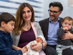 Ensemble Montréal's Vana Nazarian handily won her bid for a city council seat in the Saint Laurent district of Côte-de-Liesse on Sunday, despite giving birth just two days earlier. Nazarian with her husband Varante Yapoudjian and 6-year-old Armen, 1-year-old Rouben and 5-day-old Mickaël at home on Tuesday Nov. 9, 2021.
