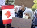 People gather in NDG Park to protest against Bill 96 in Montreal, on Sunday, October 24, 2021.