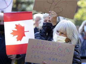 People gather in NDG Park to protest against Bill 96 in Montreal, on Sunday, October 24, 2021.