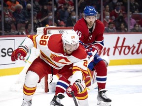 Calgary Flames center Elias Lindholm (28) knocks the puck away before Montreal Canadiens right wing Joel Armia (40) can get to it during 3rd-period NHL action in Montreal, on Thursday, Nov. 11, 2021.