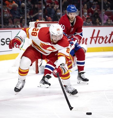 Calgary Flames center Elias Lindholm (28) knocks the puck away before Montreal Canadiens right wing Joel Armia (40) can get to it during 3rd-period NHL action in Montreal, on Thursday, Nov. 11, 2021.