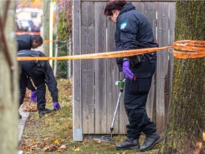 Montreal police used metal detectors on Monday to search for stray bullets following the fatal shooting of a 16-year-old boy in St-Michel on Nov. 14, 2021.