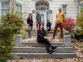 Owners of a stately Plateau mansion instituted a program that gives the opportunity to emerging artists to showcase their works for exhibition and sale. Josephine Rivard, exhibition curator, in front, Projet Casa cofounder and artistic director Danielle Lysaught, artist Alexandre Guay, artist Mel Arsenault and Projet Casa cofounder Paul Hamelin, left to right in the back row.