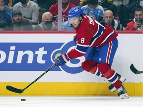 Montreal Canadiens defenceman Ben Chiarot controls the puck during first period against the Pittsburgh Penguins  in Montreal on Nov. 18, 2021.
