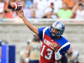 Montreal Alouettes' Anthony Calvillo throws a pass against the Winnipeg Blue Bombers in Montreal on July 4, 2013.