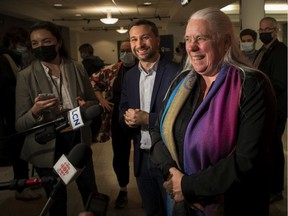 Québec solidaire co-spokespersons Manon Massé (right) and Gabriel Nadeau-Dubois prior to a rally and musical show at the Gesu theatre on Saturday, Nov. 20, 2021, in Montreal.