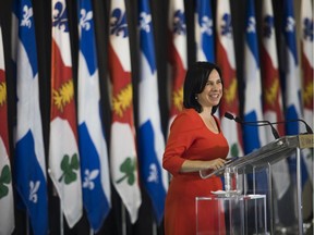 Mayor Valérie Plante speaks after unveiling her new executive committee at the Marché Bonsecours.