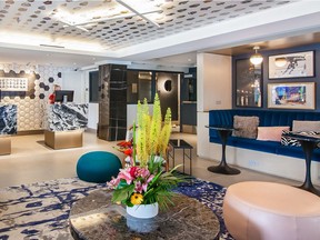 Hotel Belmont's lobby has eclectic and colourful retro decor.