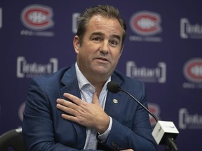 Geoff Molson, owner and president of the Montreal Canadiens, during news conference explaining the firing of general manager Marc Bergevin, assistant general manager Trevor Timmins and senior vice-president (public affairs and communications) Paul Wilson in Brossard on Nov. 29, 2021.