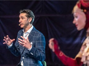 Stephane Lefebvre, left, was named Cirque du Soleil CEO at a newss conference in Montreal on Tuesday Nov. 30, 2021 after replacing communications specialist Daniel Lamarre who is moving into an executive vice-chairman role.