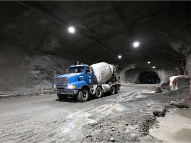 A concrete delivery truck in the Mount Royal REM tunnel, at about 72 metres below the surface at the Édouard-Montpetit station on Wednesday, Nov. 24, 2021.