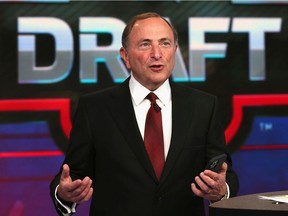 NHL commissioner Gary Bettman opens the first round of the 2021 NHL Entry Draft at the NHL Network studios on July 23, 2021 in Secaucus, N.J.