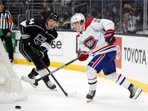 Cole Caufield of the Montreal Canadiens skates the puck against the Los Angeles Kings during the third period at Staples Center on Oct. 30, 2021, in Los Angeles.