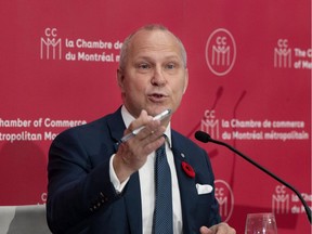 Montreal Chamber of Commerce president Michel Leblanc presents a new plan to lure workers back into Montreal's office towers during a press conference November 1, 2021.