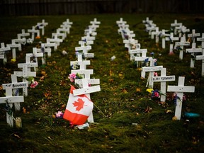 Crosses are displayed in memory of the elderly who died from COVID-19 at the Camilla Care Community facility during the COVID-19 pandemic in Mississauga, Ont., on Thursday, Nov. 19, 2020.
