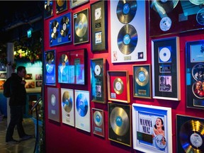 Gold records of the Swedish music band ABBA are displayed at the ABBA museum in Stockholm, Sweden, on Nov. 5, 2021. ABBA's first album in 40 years, The Voyage, was released on Nov. 5, 2021.