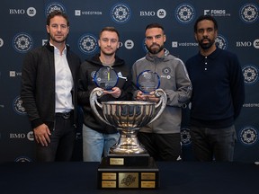 Djordje Mihailovic and Rudy Camacho receive their trophies as CF Montréal's most valuable player and defensive player of the year, respectively, on Nov. 23, 2021.