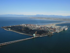 Roberts Bank port, with Westshore Terminals coal terminal — North America’s busiest coal port — in the foreground, circa 2007.
