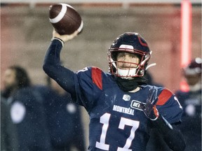 Alouettes quarterback Trevor Harris throws a pass during second half against the Saskatchewan Roughriders in Montreal on Oct. 30, 2021.